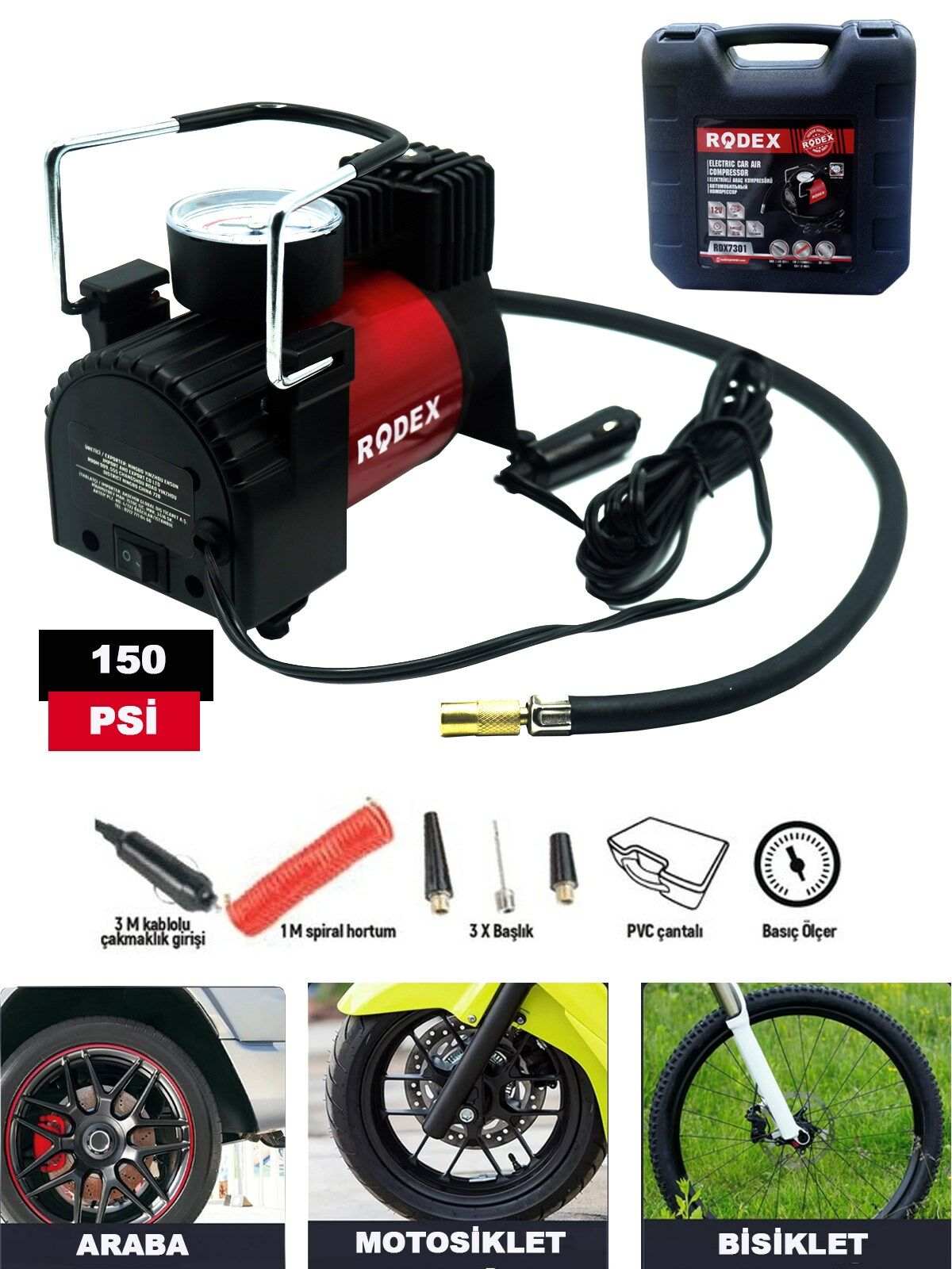Germany Style RDX 12 V Araba Oto Araç Lastik Şişirme Pompası 150 Psi Metal Gövde Kompresör