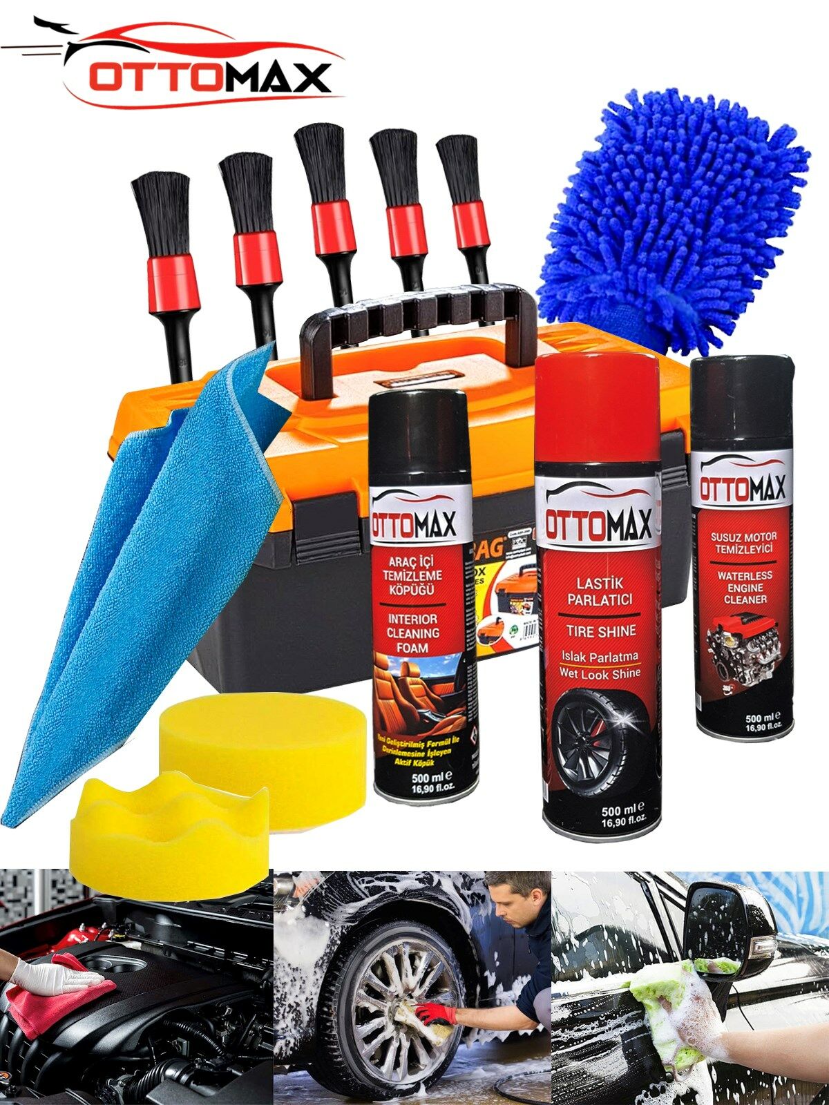 OTTOMAX Lüx 13 Parça Çantalı Oto Bakım Seti Araç Temizleme Motor Temizleme Lastik Parlatma Temizlik Seti