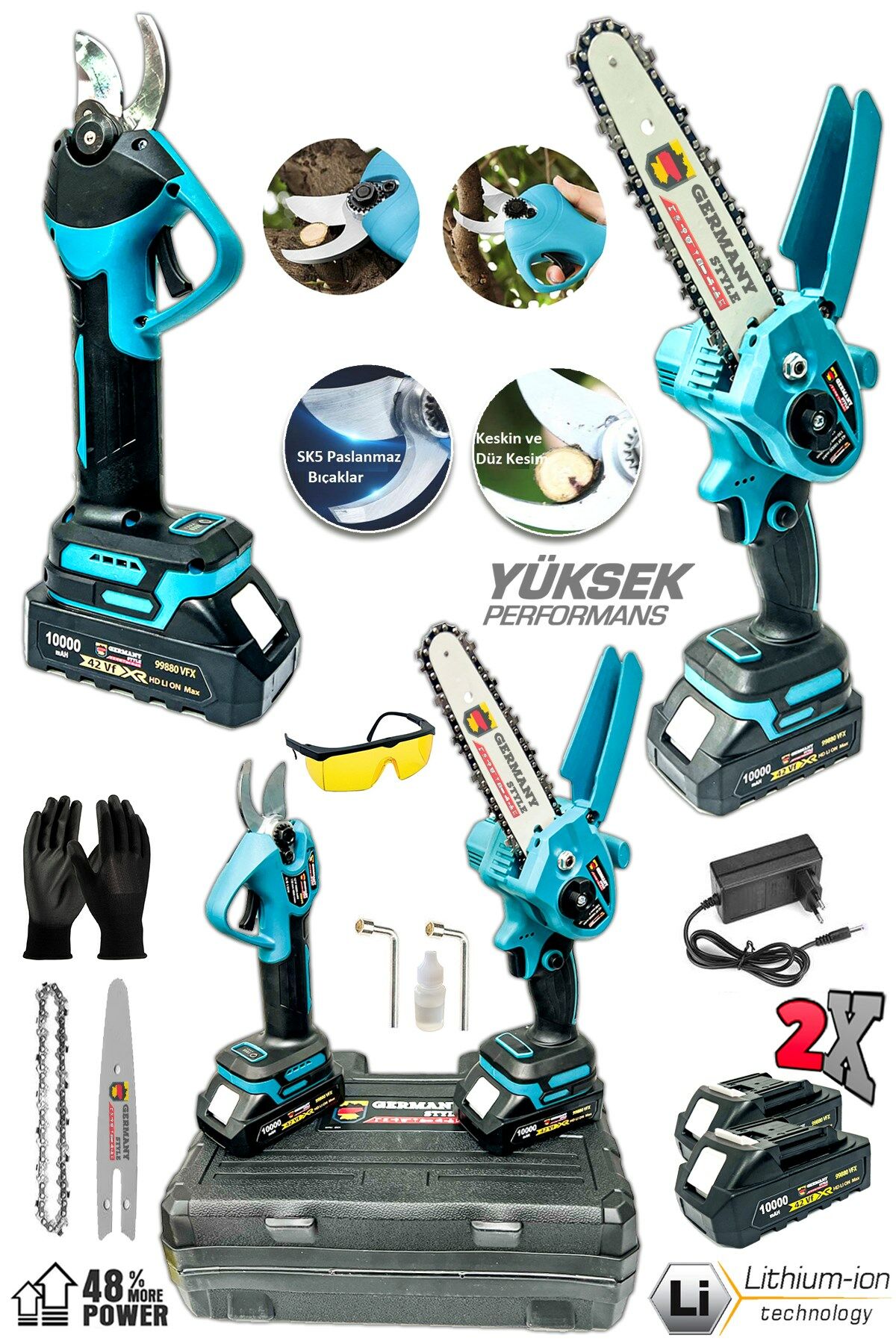 Germany Style 9989VFX Alman 2 Li Set 1000 mAH Çift Akülü Çelik Şanzıman Şarjlı Dal Ağaç Kesme Bağ Budama Makası
