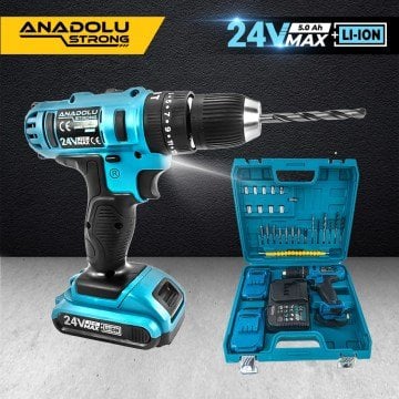 Anadolu Strong 24 w Darbeli Matkap ve Dekupaj Testere Seti 5 adet Uç Eldiven Hediyeli
