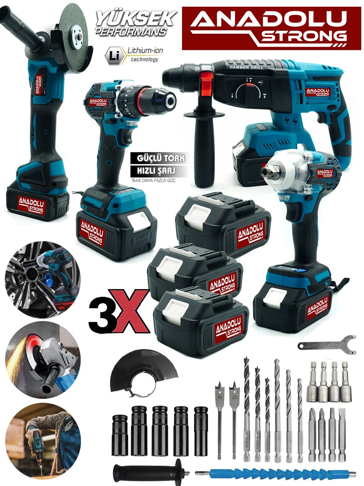Anadolu Strong TR-1453 4'Lü Set Şarjlı Kömürsüz Motor Matkap Vidalama Kırıcı Delici Hilti Taşlama Somun Sökme Bijon Sökme