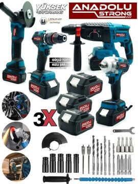 Anadolu Strong TR-1453 4'Lü Set Şarjlı Kömürsüz Motor Matkap Vidalama Kırıcı Delici Hilti Taşlama Somun Sökme Bijon Sökme
