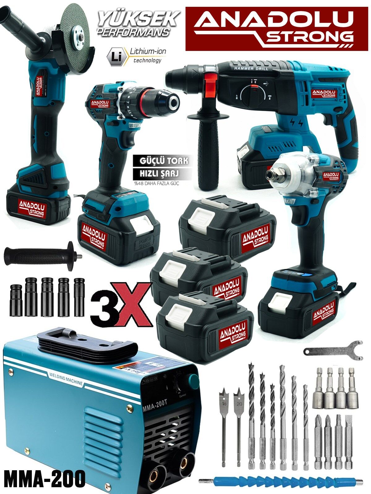 Anadolu Strong Tr-453 5'li Pro Set Kömürsüz Kırıcı Delici Matkap Vidalama Taşlama Bijon Sökme Kaynak Makinesi