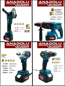 Anadolu Strong Kömürsüz 6'lı Set 5 Akülü Somun Sökme-Taşlama-Darbeli Vidalama-Dal Budama & Kademeli