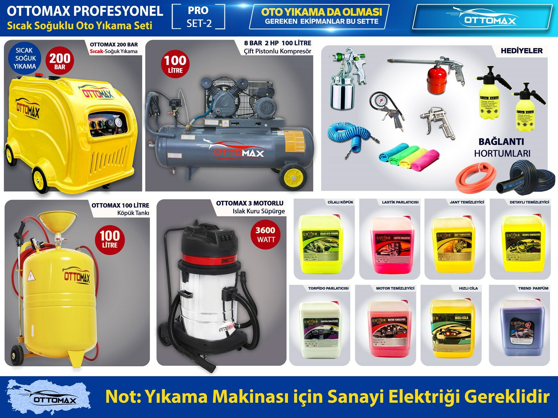 Ottomax Profesyonel 200 Bar Sıcak Soğuklu Oto Yıkama Seti ProSet2 Deterjanlı