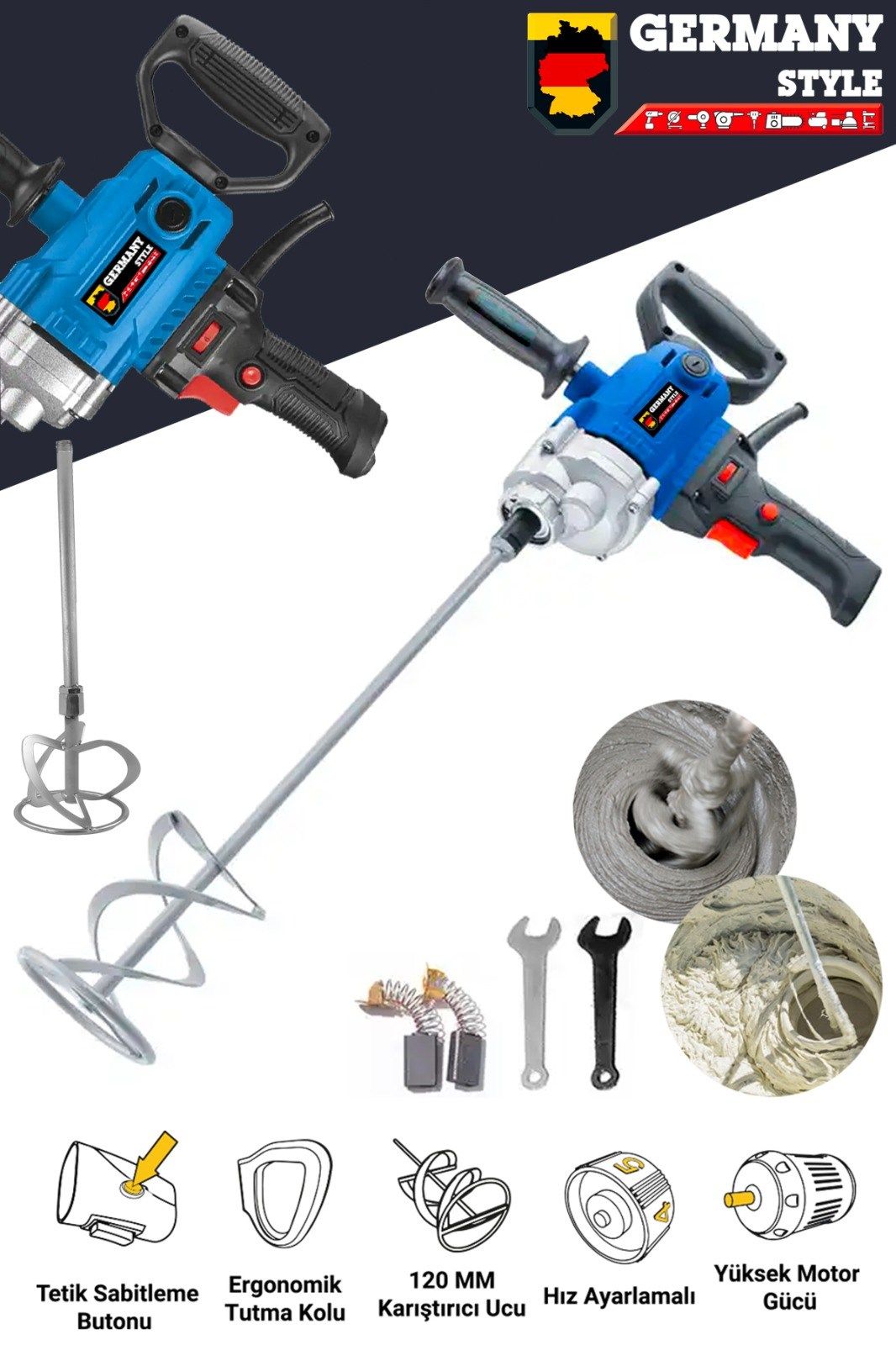 Germany Style 1300 Watt Elektrikli Devir Ayarlı Alçı Boya Ve Harç Karıştırıcı Mixer