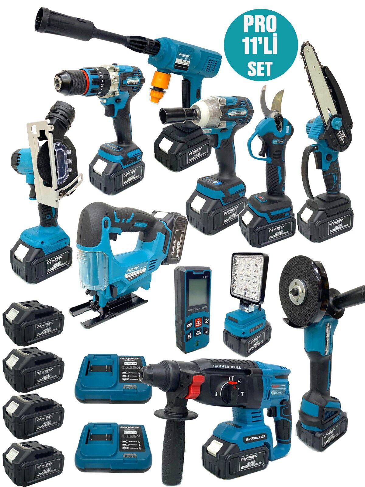 Germany Style DawreekTech 11'li Şarjlı Pro Set Kırıcı-Taşlama-Matkap-Budama Makas Testeresi -Yıkama-Dekupaj 