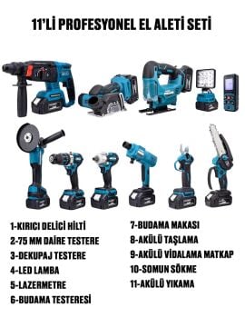 Germany Style DawreekTech 11'li Şarjlı Pro Set Kırıcı-Taşlama-Matkap-Budama Makas Testeresi -Yıkama-Dekupaj 