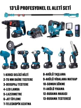 Germany Style DawreekTech 11'li Şarjlı Pro Set Kırıcı-Taşlama-Matkap-Budama Makas Testeresi -Yıkama-Dekupaj 