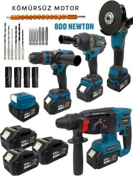 Germany Style Pro 8016 Kömürsüz 5'li Set Akülü Vidalama-Taşlama-Kırıcı Hilti-800 Newton Bijon Sökme Led Lamba