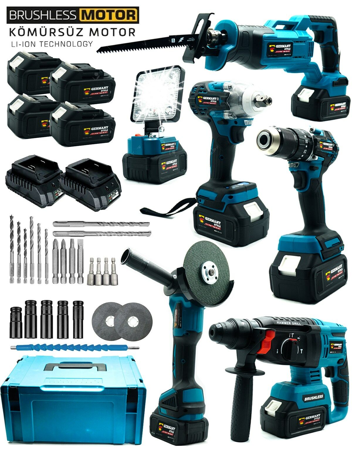 Germany Style Pro 6'lı Kömürsüz Matkap-Taşlama-Tilki Kuyruğu-Hilti Kırıcı-Bijon Sökme-Led Aydınlatma Set
