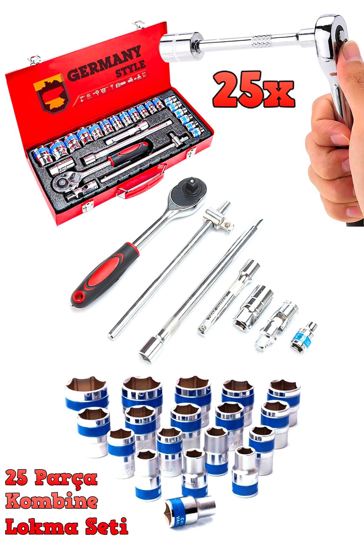 Germany Style 1/2 25 Parça Cırcırlı Kombile Lokma Takımı CR-V Çelik Lokma Seti