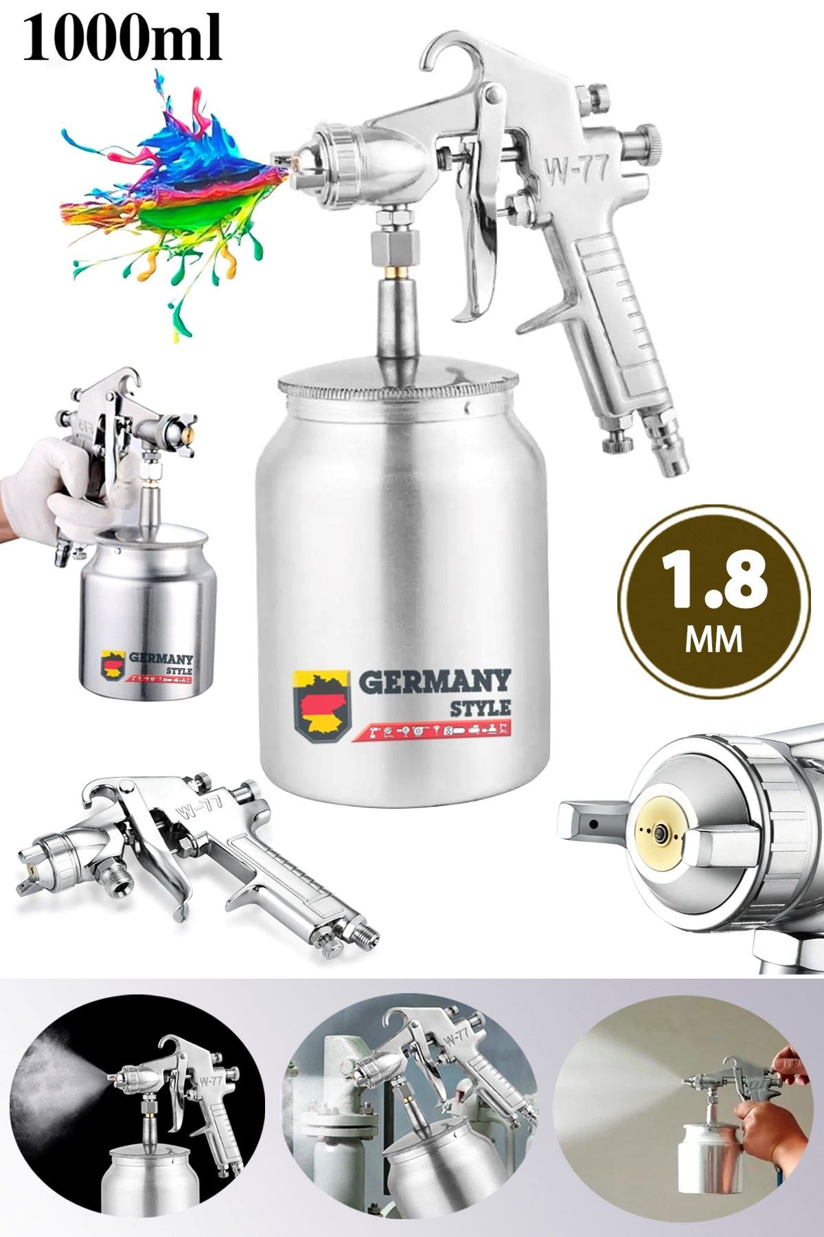 Germany Style Profesyonel Havalı Alttan Depolu Boya Tabancası 1.8 mm Basınç Ayarlı Havalı Boya Tabancası