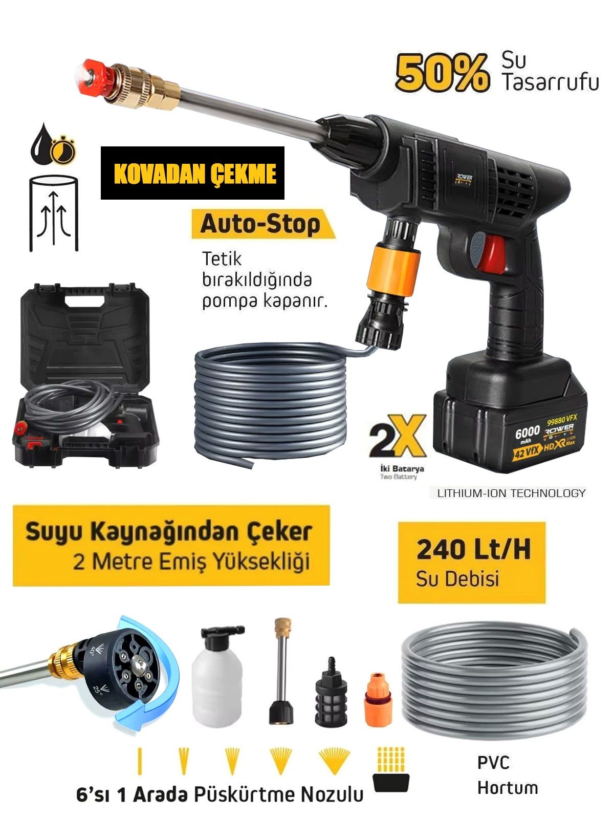 Rowermax 9002VFX Çift Akülü Şarjlı Oto Yıkama Makinesi Araç Köpük Yıkama Makinesi