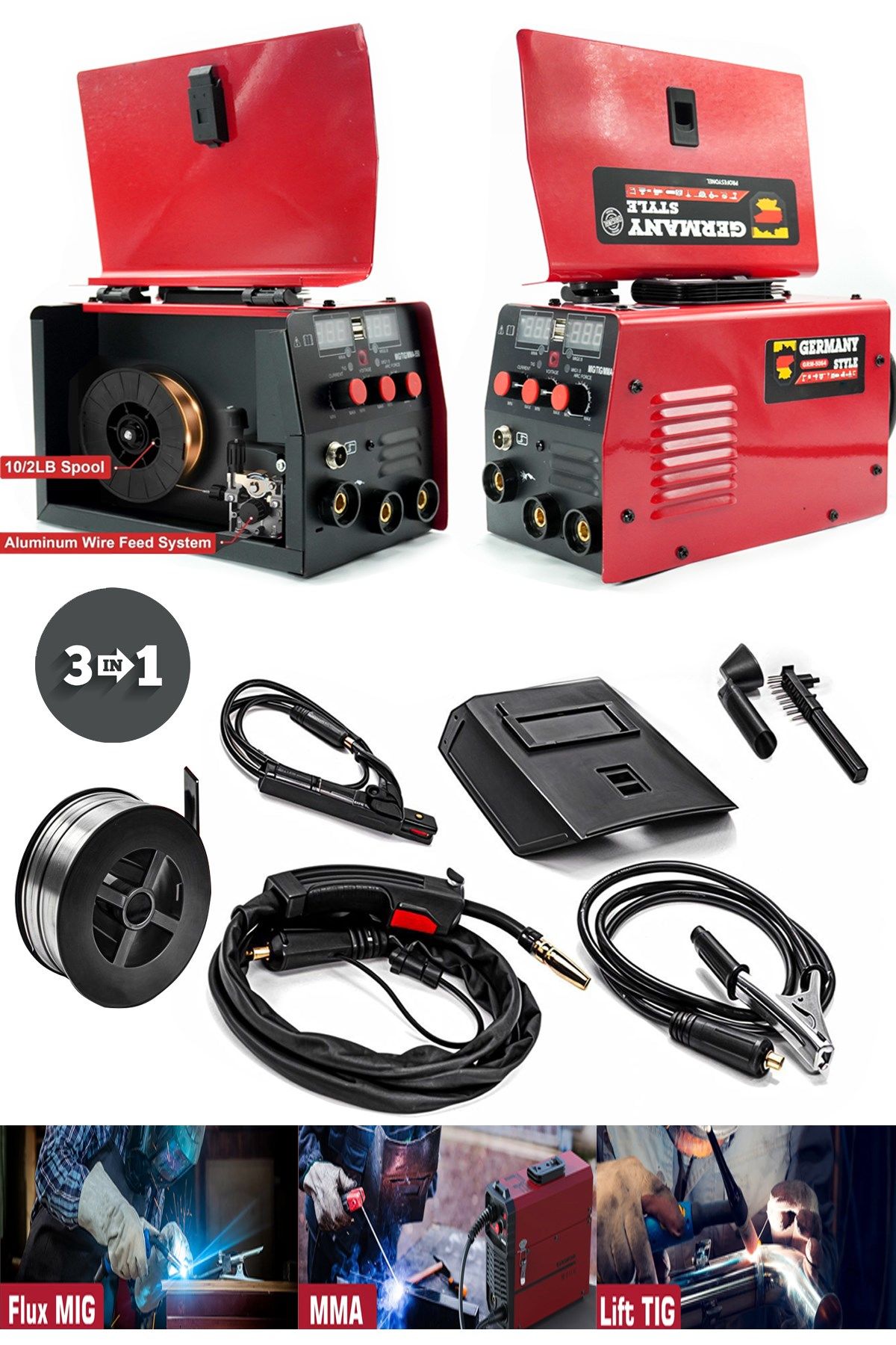 GERMANY STYLE  3in1 MMA-550 Amper MİG TİG MMA Çift Kartlı İnvertör  & Gazsız Gazaltı Kaynak Makinesi