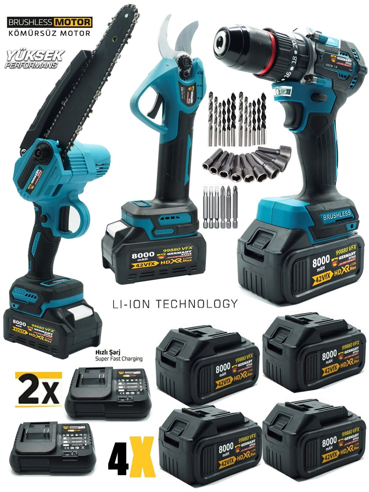 Germany Style 8500VFX Brushless 4 Akülü Matkap-Budama Testeresi-Budama Makası 3 Lü Set