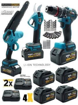 Germany Style 8500VFX Brushless 4 Akülü Matkap-Budama Testeresi-Budama Makası 3 Lü Set