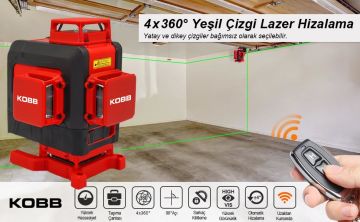 KOBB KBL35GTP Profesyonel Li-ion Şarjlı 4X360⁰ Otomatik Hizalamalı Yeşil Çapraz Çizgi Lazer Distomat + Uzaktan Kumanda + Tripod